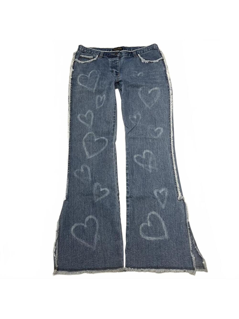 VTG Armor Jeans 9/10 Blue Low Rise Flare Jean Bleached Hearts Pattern Frayed Hem